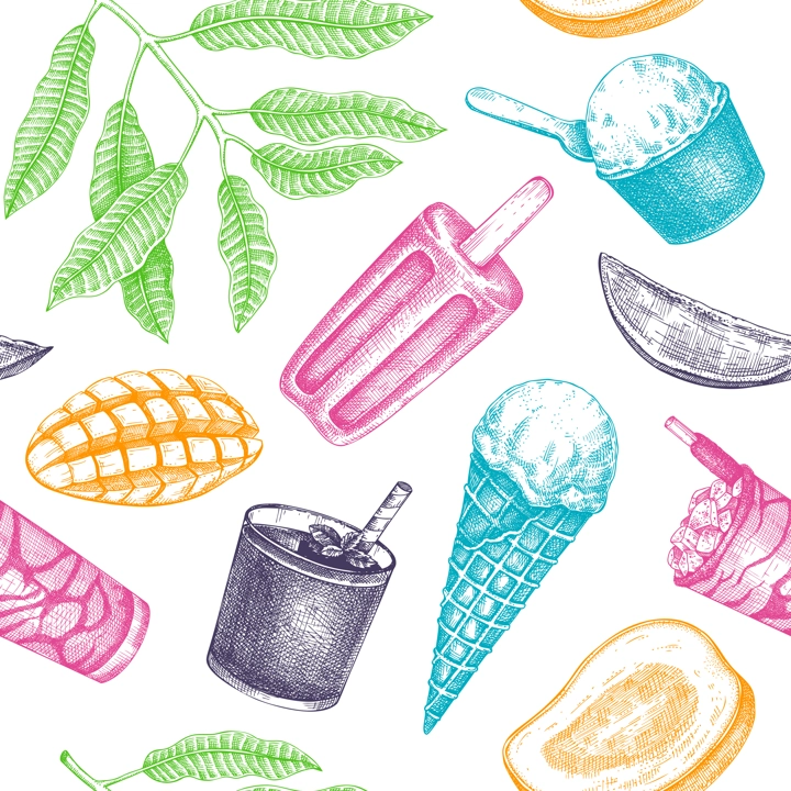 Summer party background. Tropical seamless pattern. Mango, ice cream, fruit, cocktail sketches. Hand drawn vector illustration. Summer food and drinks design.